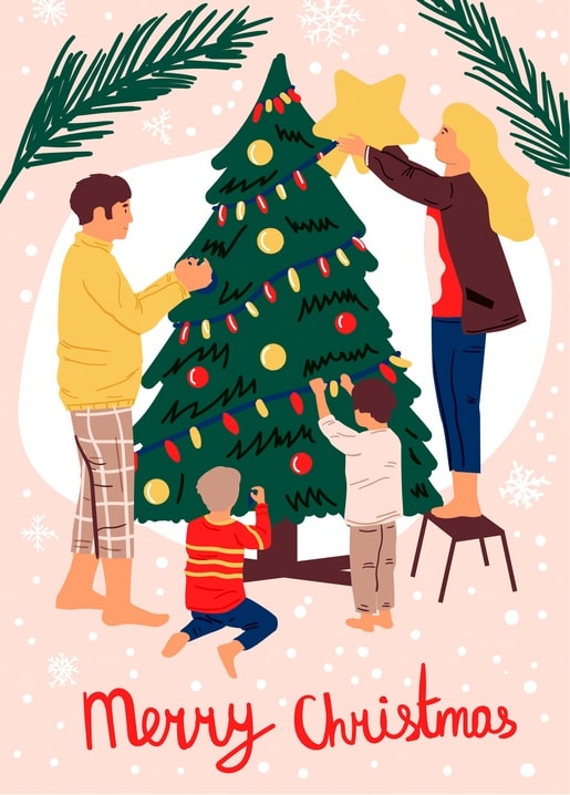 Illustration of a family of four decorating a Christmas tree, mother placing a star on top