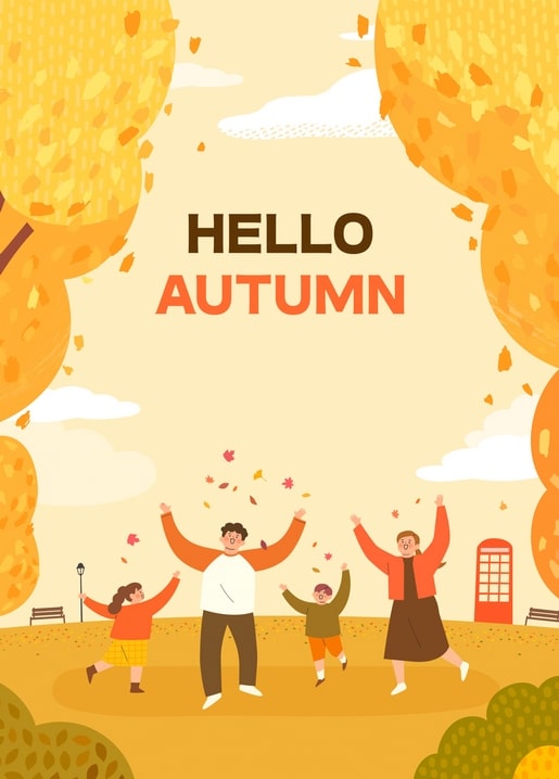 Family of four jumping joyfully among falling autumn leaves in a park