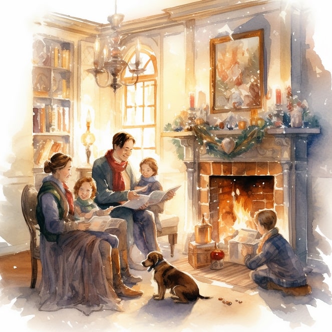 Aquarell-Illustration einer Familie mit Hund, die gemeinsam am geschmückten Kamin liest