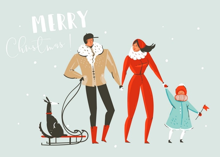Family bundled in winter coats walking a dog on a wooden sled, Merry Christmas lettering above