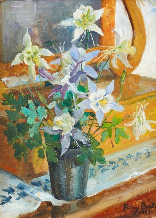 Fanny Brate Stillleben mit blauer und weißer Akelei in dunkler Vase, 1931