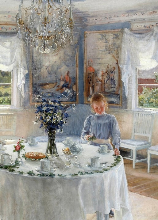 Fanny Brate interior painting of a girl decorating a tea table beneath a chandelier