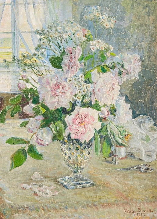 Fanny Brate Stillleben mit rosa Rosen und weißen Blüten in der Kristallvase, 1938