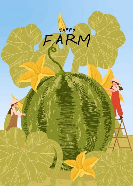 Illustrated little farmers on a ladder harvesting a giant watermelon among squash leaves