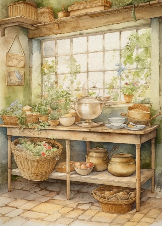 Watercolor farmhouse kitchen table with a kettle, baskets, and clay pots by a sunny window