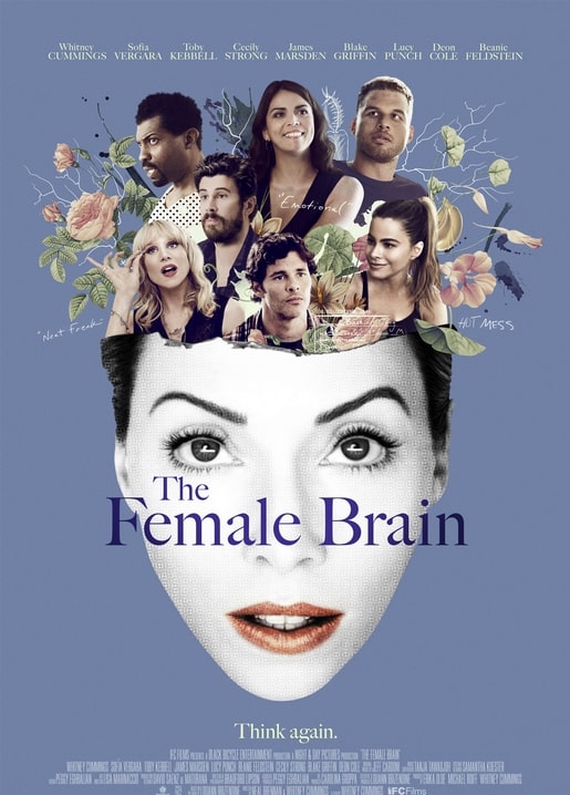 Poster zu „The Female Brain“: Gesicht umrahmt von Rosen und dem Filmcast