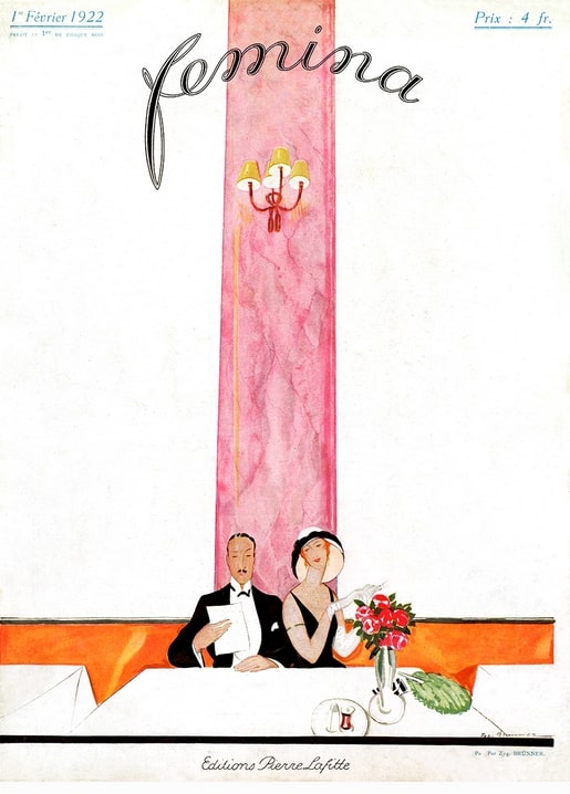 1922 Femina magazine cover with a couple dining at a café, pink Art Deco column behind them