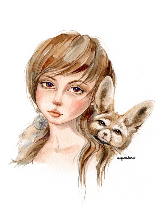 Watercolor portrait of a girl with wavy brown hair and a fennec fox resting against her shoulder