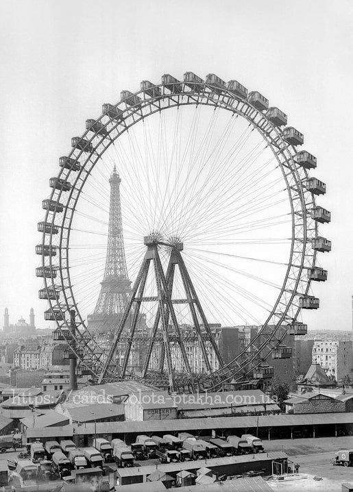 Vintage-Schwarzweißfoto eines riesigen Riesenrads über Paris mit dem Eiffelturm im Hintergrund