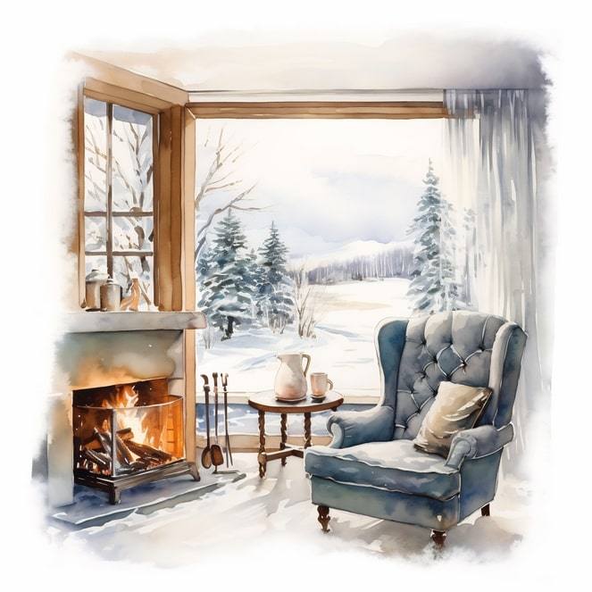 Aquarell-Illustration einer offenen Tür mit Blick auf einen verschneiten Kiefernwald neben Kamin und Sessel