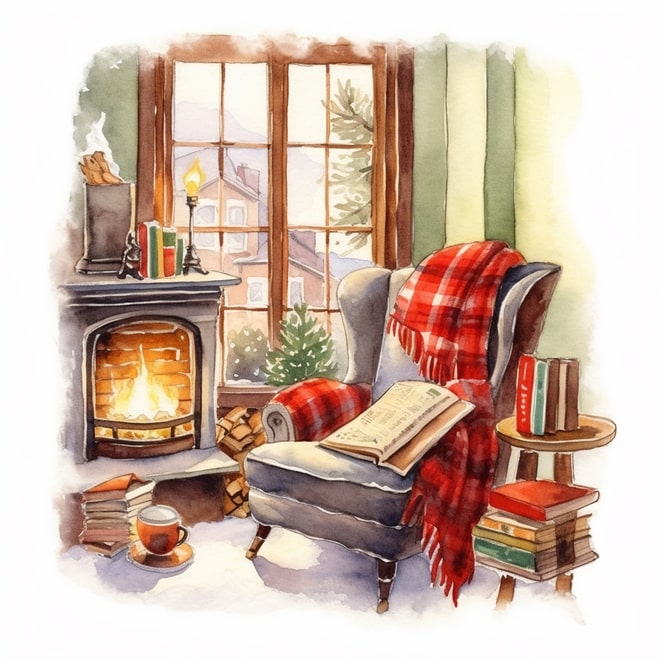 Aquarellillustration eines grauen Sessels mit kariertem Plaid am Kaminofen vor winterlichem Dorffenster