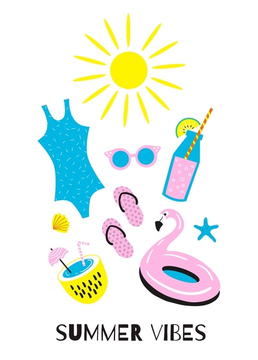 Flat lay illustration of a swimsuit, sunglasses, flip-flops, pink flamingo float and iced drinks
