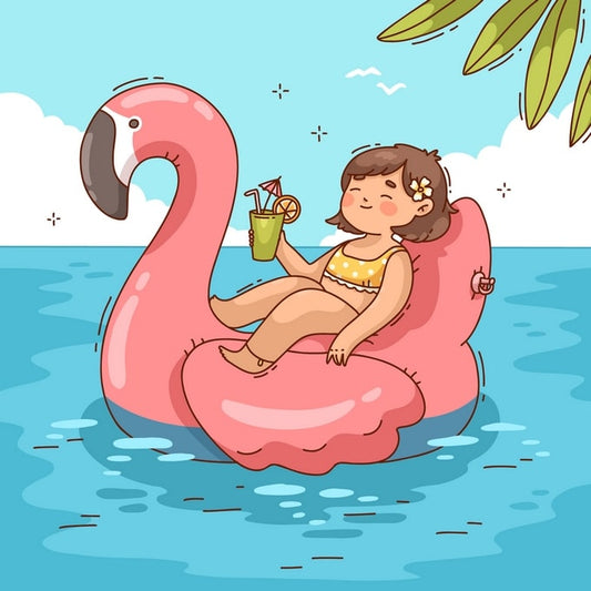 Girl sipping a tropical drink on a pink flamingo pool float illustration