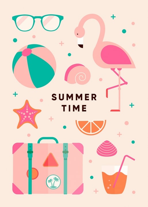 Peach postcard with pink flamingo, striped suitcase, sunglasses and ‘Summer Time’ text