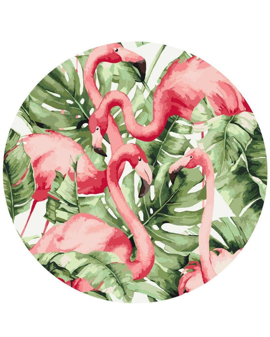 Round paint-by-numbers canvas with pink flamingos among tropical leaves