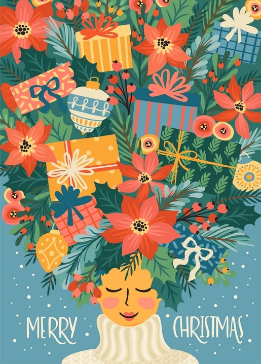 Illustrierte Frau mit Kranz aus Weihnachtssternen, Christbaumkugeln und Geschenken, Weihnachtspostkarte