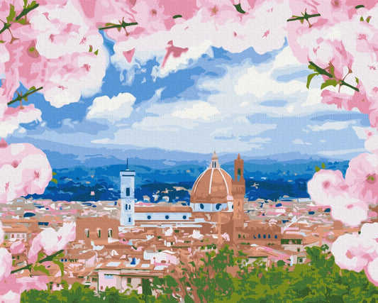 Florence's Duomo and terracotta rooftops framed by branches of pink blossoms, paint-by-numbers