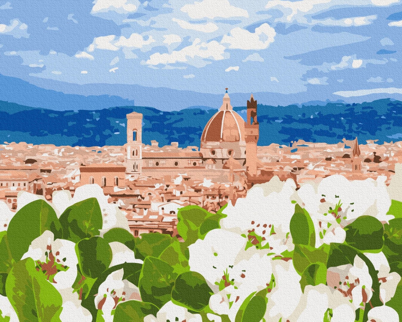 Paint-by-numbers view of Florence's Duomo behind white spring blossoms and terracotta rooftops