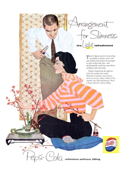 1950s Pepsi-Cola ad showing a couple arranging flowering branches in a vase, ikebana style