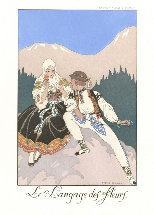 1921 folk-costume plate: couple exchanging flowers on a rock before mountain peaks