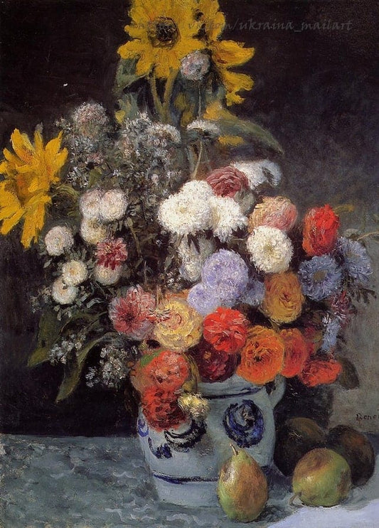 Renoir still life painting of mixed flowers in a blue and white pot with pears