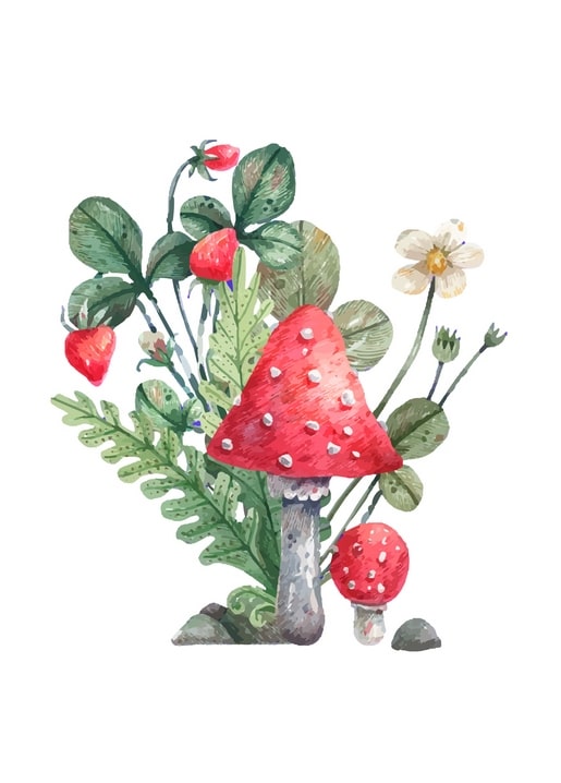 Watercolor fly agaric mushroom among ferns and wild strawberries