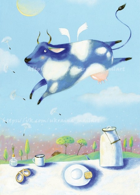 Illustrated blue-spotted flying cow over a crescent moon above a farmhouse table still life