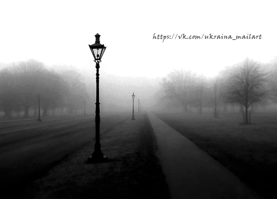 Lone lamppost on a park path fading into morning fog with a row of bare trees