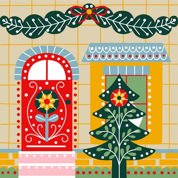 Hausfassade im Volkskunst-Stil mit roter Blumentür und Weihnachtsbaum im Fenster