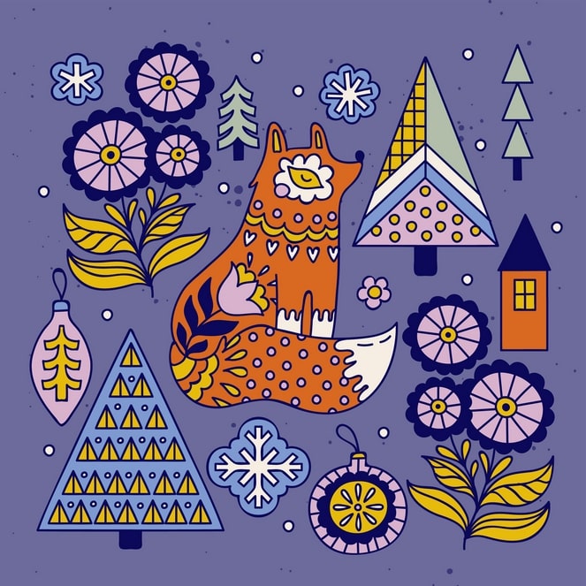 Folk-art orange fox among Scandinavian Christmas trees, ornaments, and flowers on lavender