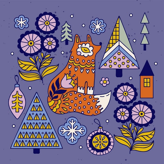 Folk-art orange fox among Scandinavian Christmas trees, ornaments, and flowers on lavender