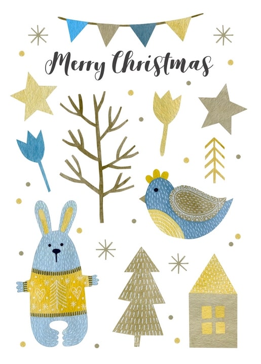 Weihnachtskarte im Volkskunst-Stil mit Vogel, Hase im gelben Pullover und Winterbaum
