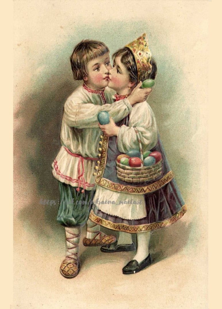 Vintage-Illustration zweier Kinder in Tracht beim Osterkuss mit einem Korb bemalter Eier