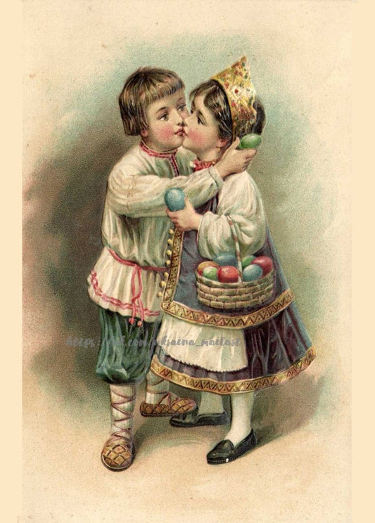 Vintage-Illustration zweier Kinder in Tracht beim Osterkuss mit einem Korb bemalter Eier