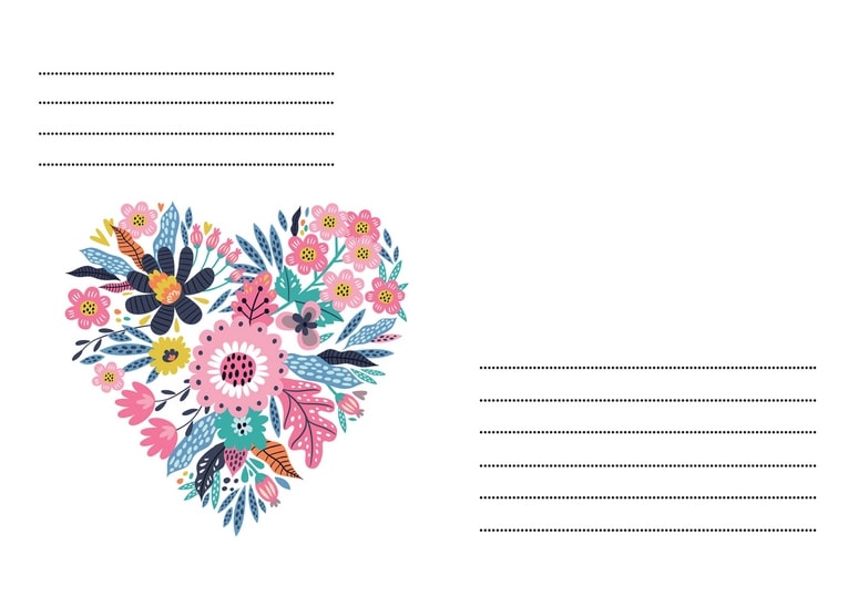 Briefumschlag mit einem floralen Blumenstrauß in Herzform im Volkskunst-Stil.