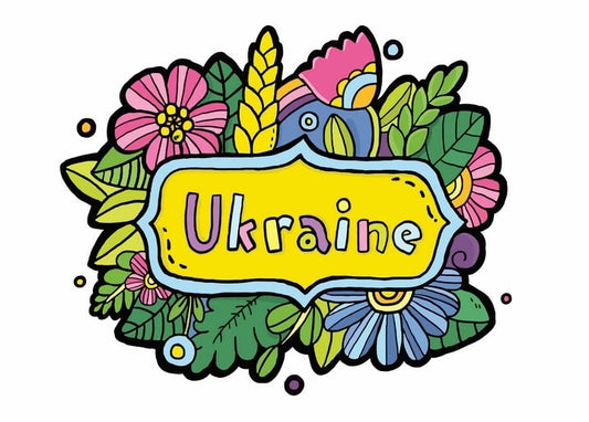 Handgezeichnetes „Ukraine“-Schild mit Volkskunst-Blumen, Ähre und Vogel