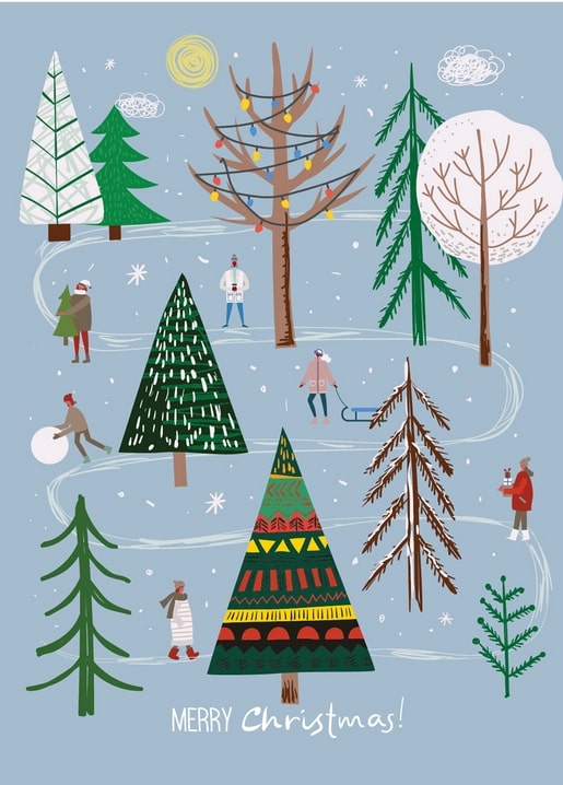 Ein bunt gemusterter Weihnachtsbaum im hellblauen Winterwald mit Schlittschuhläufern und Schlitten