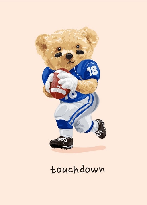 Teddybär im blauen Trikot Nr. 18 läuft mit dem Football