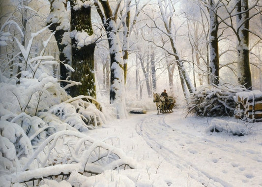 Horse-drawn sled loaded with cut logs on a snowy forest track