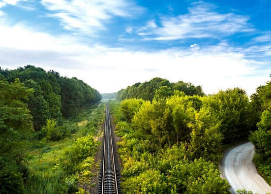 Straight railway track through a green summer forest under blue sky