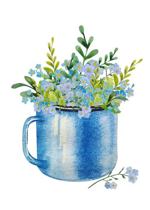 Blue enamel mug overflowing with forget-me-not flowers and green sprigs