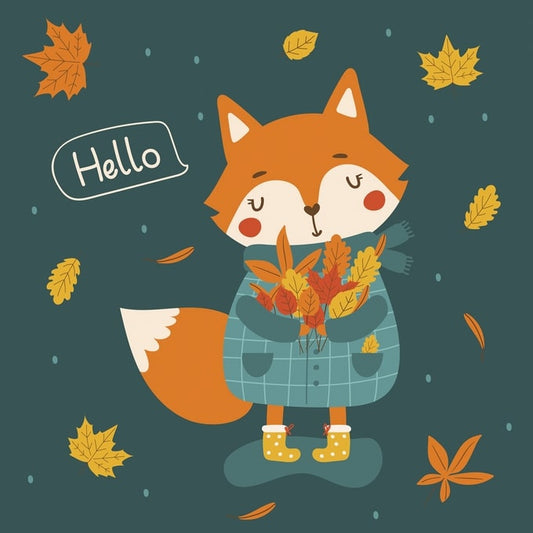 Cartoon-Fuchs im Schal und Gummistiefeln mit einem Strauß Herbstlaub
