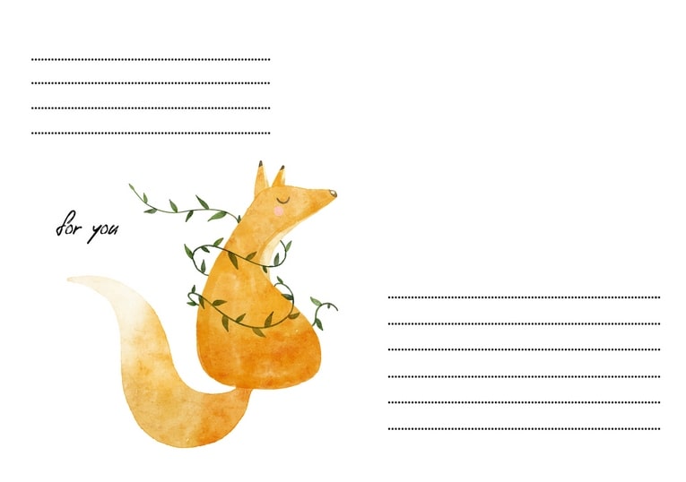 Aquarell-Fuchs, eingehüllt in grüne Ranken, mit der Aufschrift „for you“ auf Briefumschlag