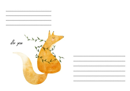 Aquarell-Fuchs, eingehüllt in grüne Ranken, mit der Aufschrift „for you“ auf Briefumschlag