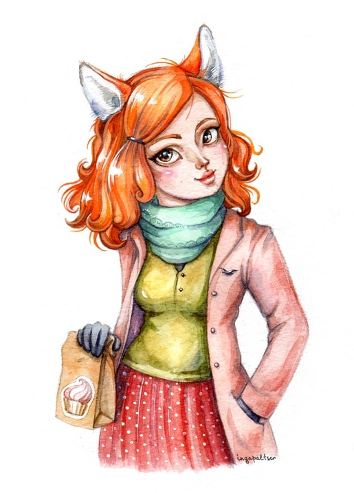 Watercolor illustration of a fox-eared girl in a pink coat holding a cupcake-stamped paper bag