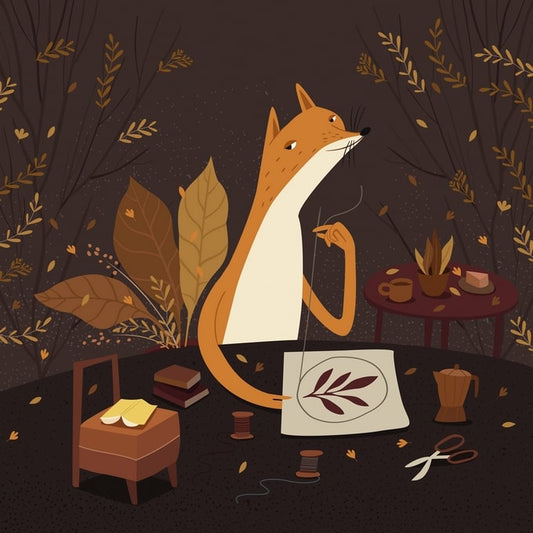 Illustration eines Fuchses, der bei Lampenlicht ein Blattmuster inmitten von Herbstzweigen stickt
