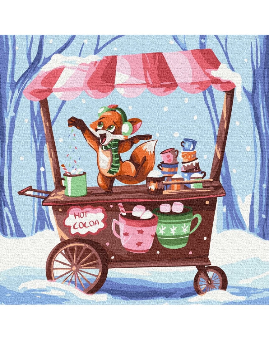 Tanzender Fuchs auf einem Kakaowagen mit dampfenden Bechern und Marshmallows