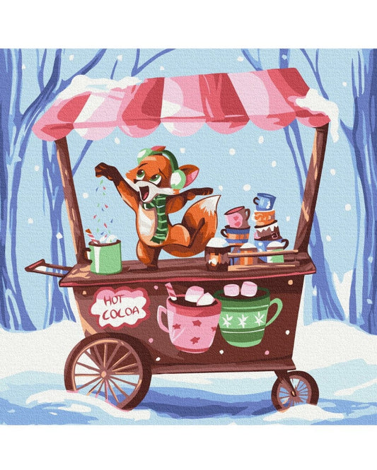 Tanzender Fuchs auf einem Kakaowagen mit dampfenden Bechern und Marshmallows