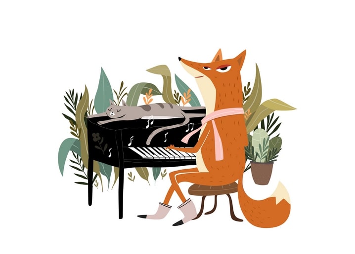 Illustration eines Fuchses im Schal, der Klavier spielt, während eine graue Katze oben schläft