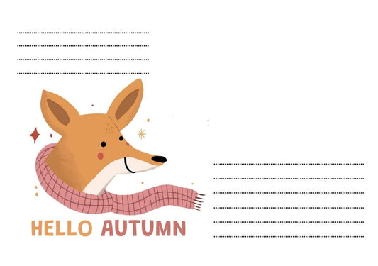 Ілюстрація лисиці в рожевому картатому шарфі з написом «Hello Autumn» та зірочками